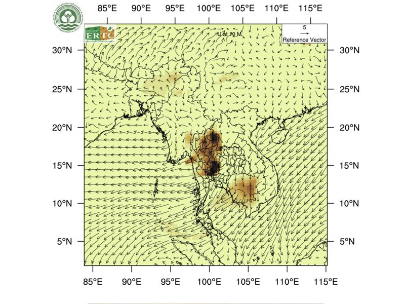 ศูนย์วิจัยและฝึกอบรมด้านสิ่งแวดล้อม กรมส่งเสริมคุณภาพสิ่งแวดล้อม เทคโนธานี ต.คลองห้า อ.คลองหลวง จ.ปทุมธานี คาดการณ์การเคลื่อนที่ของมวล PM 2.5 จากแบบจำลอง WRF-Chem  ระหว่าง 28 ม.ค. - 2 ก.พ. 2562